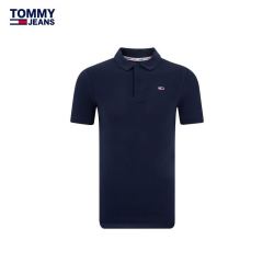 tommyjeans男装纯棉复古撞色门襟双扣领修身版短袖polo衫15370深蓝色c