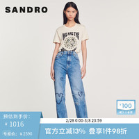 Sandro 女装时尚蓝色做旧心形刺绣棉质休闲直筒牛仔长裤SFPJE00437 牛仔蓝 34