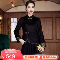 玺玥中国风原创高端羊毛呢拼宋锦女中式唐装上衣冬外套 黑色 XL