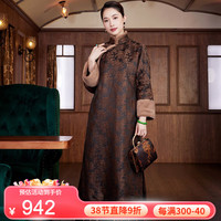玺玥中国风古典香云纱夹棉保暖长款旗袍连衣裙2023冬棉衣棉服 石褐色 XL
