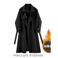 携鱼 气质英伦风衣男女中长款百搭小个子收腰显大衣外套 079黑色加棉加厚款 2XL 140160斤