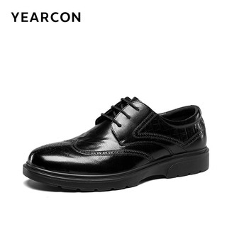 YEARCON 意尔康 男鞋 皮鞋男2024春季牛皮布洛克雕花男士皮鞋商务正装德比鞋 黑色 42