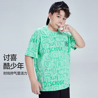 小猪托尼TABE胖男童短袖T恤夏季儿童宽松加肥加大青少年 字母满印短T浅绿 180，170-175高，145-165斤