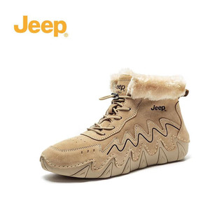 Jeep吉普女鞋加绒短靴女冬款平底加厚保暖棉鞋高帮靴子女