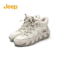 Jeep吉普厚底雪地靴女加绒冬季款高帮棉鞋英伦短靴 白