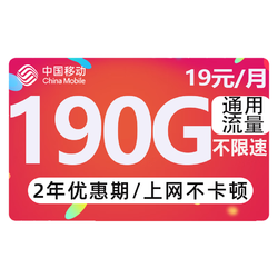 中国移动 CHINA MOBILE 躺平卡 两年19元月租（190G全国流量+送480元话费+流量可续约）红包40元