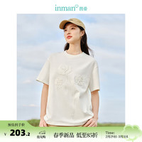 茵曼（INMAN）空气层显瘦T恤2024春季女装立体花贴布绣短袖宽松上衣 白色 XL