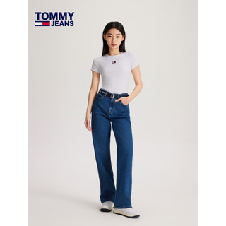 TOMMY JEANS 24春季女经典刺绣螺纹修身打底针织短袖上衣DW0DW17881 白色YBR XS