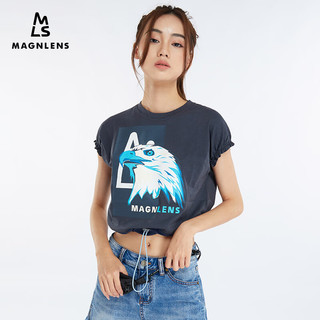 MAGNLENS T恤女士短款收腰短袖上衣夏季新款蓝色灯笼袖印花 靛蓝 165/S