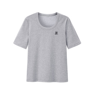 太平鸟2024年夏季U型领针织衫短袖T恤女修身打底衫低领上衣 灰色(第一批) S