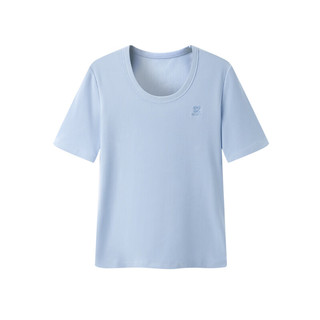 太平鸟2024年夏季U型领针织衫短袖T恤女修身打底衫低领上衣 蓝色(第一批) S