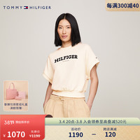 TOMMY HILFIGER24春季女装纯棉时尚植绒字母合身圆领短袖卫衣41240 米白色AEF M