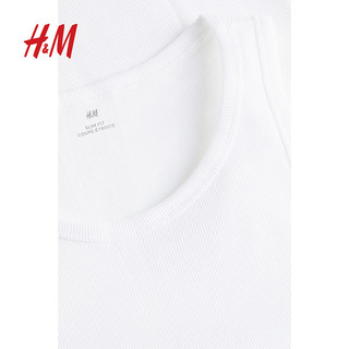 H&M男装背心2024春季简约修身圆领罗纹直筒柔软舒适背心1227155 白色 180/116A