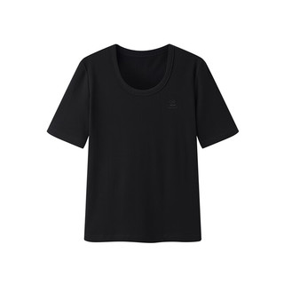 太平鸟2024年夏季U型领针织衫短袖T恤女修身打底衫低领上衣 黑色(第一批) S