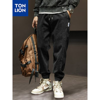 唐狮 TONLION男小标分割线基本束腿牛仔长裤WP 黑色 L