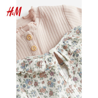 H&M童装女婴T恤2件装2024春季柔软棉质罗纹舒适上衣0983165 白色/花卉 100/56