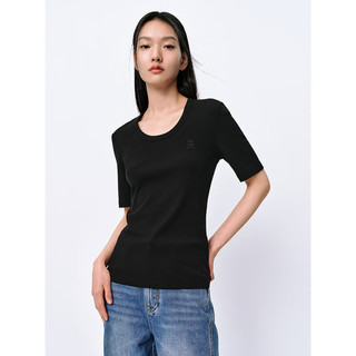 太平鸟2024年夏季U型领针织衫短袖T恤女修身打底衫低领上衣 黑色(第一批) M