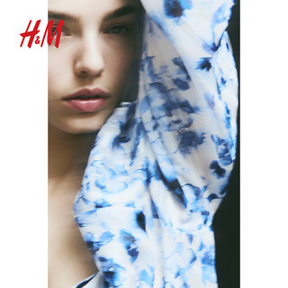 H&M女装衬衫2024春季新款田园风灯笼袖褶边V领小众衬衫1126584 白色/蓝色花卉 170/104A