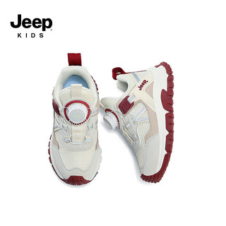 Jeep吉普女童运动鞋春款透气男童跑步鞋轻便2024春季旋钮儿童鞋子 米红 30码 内长约19.2cm