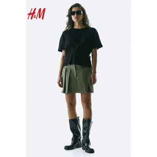 H&M女装T恤2024春季系带设计棉质汗布上衣1225514 黑色 170/104A L