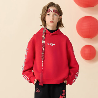 Kappa Kids卡帕带帽冬装男女童时尚百搭简约个性印花加绒保暖卫衣 红色 130