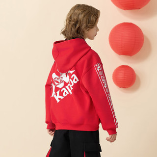 Kappa Kids卡帕带帽冬装男女童时尚百搭简约个性印花加绒保暖卫衣 红色 130