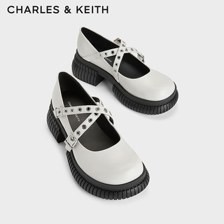 CHARLES&KEITH24春季铆钉交叉带压纹厚底玛丽珍鞋子女鞋女士CK1-70920142 White白色 37