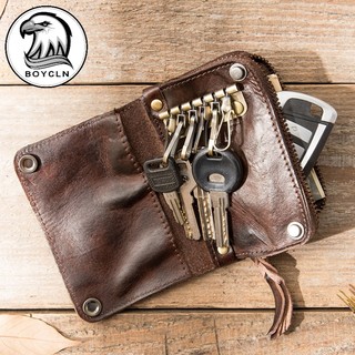 BOYCLN品牌 男士真皮钥匙包 大容量卡包女 牛皮汽车遥控锁匙包腰挂小包 深棕色