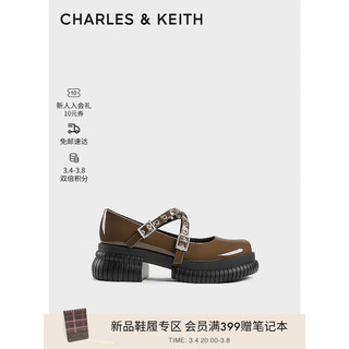 CHARLES&KEITH24春季铆钉交叉带压纹厚底玛丽珍鞋子女鞋女士CK1-70920142 Brown棕色 40