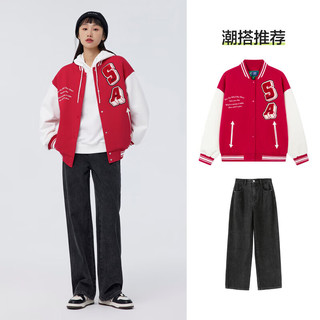 森马外套女复古字母棒球服夹克红色特宽松101123108014 中国红60643 XS