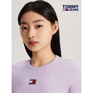 TOMMY JEANS 24春季女经典刺绣螺纹修身打底针织短袖上衣DW0DW17881 浅紫色W06 L