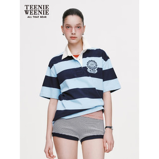 Teenie Weenie小熊2024年条纹POLO领短袖T恤宽松美式复古学院风女 藏青色 160/S