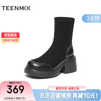 TEENMIX 天美意 靴子女商场同款粗跟时装靴复古女靴CPB60DZ3 黑色 40