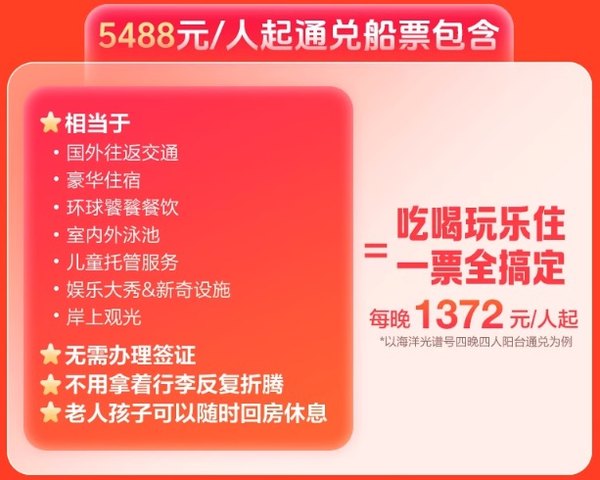 春促最后1天：吃喝玩乐+住+行4~7晚 一价全含！皇家加勒比海洋光谱号日韩游轮 首航大促来了！