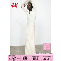 H&M女装半身裙2024春季休闲简约褶裥及膝高腰中长裙1225017 奶油色 170/88A