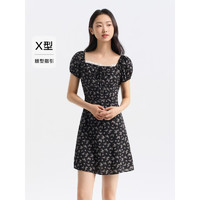 森马（Semir）连衣裙女泡泡袖碎花雪纺裙森系2024夏季方领收腰短裙俏皮 黑色调00399 175/96A/XXL