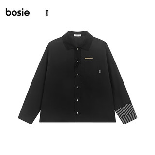 bosiebosie2024年春季长袖衬衫男针织领印花外套 黑色 170/88A