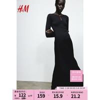 H&M女装半身裙2024春季休闲简约褶裥及膝高腰中长裙1225017 黑色 165/80A