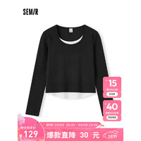 森马（Semir）长袖T恤女短款假两件撞色2024春季紧身针织衫 白黑色调00319 160/84A/M