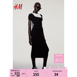 H&M2024春季CleanFit简约质感女装罗纹针织中长连衣裙1223822 黑色 165/96A