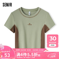 森马（Semir）短袖T恤女短款修身拼色正肩2024夏季明线刺绣套头衫显瘦 军绿40698 165/88A/L