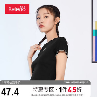 Baleno 班尼路 2021夏季短袖t恤女字母印花修身潮流荷叶袖休闲上衣 001A黑色 L