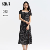 森马（Semir）连衣裙女开叉泡泡袖中长裙2024夏方领雪纺碎花裙浪漫优雅 黑色调00399 170/92A/XL