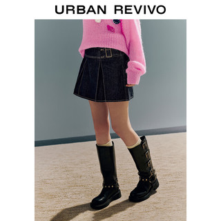 URBAN REVIVO UR2024春季女装时髦复古辣妹风短款百褶牛仔半裙UWU840016 蓝色 XXS