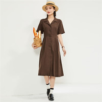 佐丹奴裙子女装天然麻棉梭织法式V领薄短袖衬衫连衣裙05464336