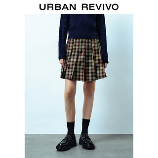 URBAN REVIVO UR2024春季女装复古学院风撞色格纹压褶A字半裙UWU540003 棕色格子 M