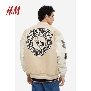 H&M男装夹克冬季保暖毡制潮流宽松立领棒球外套1186784 米色 180/116A