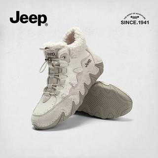 Jeep吉普雪地靴女冬季2024轻便一脚蹬豆豆鞋厚底耐磨加绒保暖棉鞋 白灰色 38