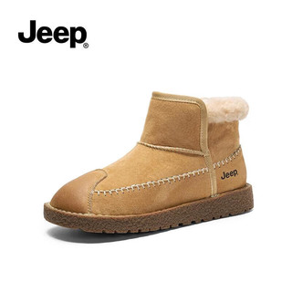 Jeep吉普短筒雪地靴女秋冬款加绒保暖棉鞋女士一脚蹬短靴踝靴女 沙色 36