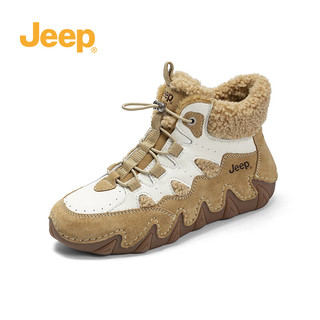 Jeep吉普厚底雪地靴女加绒冬季款高帮棉鞋英伦短靴 白沙色 40 